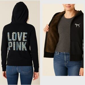 Y2K vintage Victoria's Secret Black Hoodie fur lined  with Glitter Accents